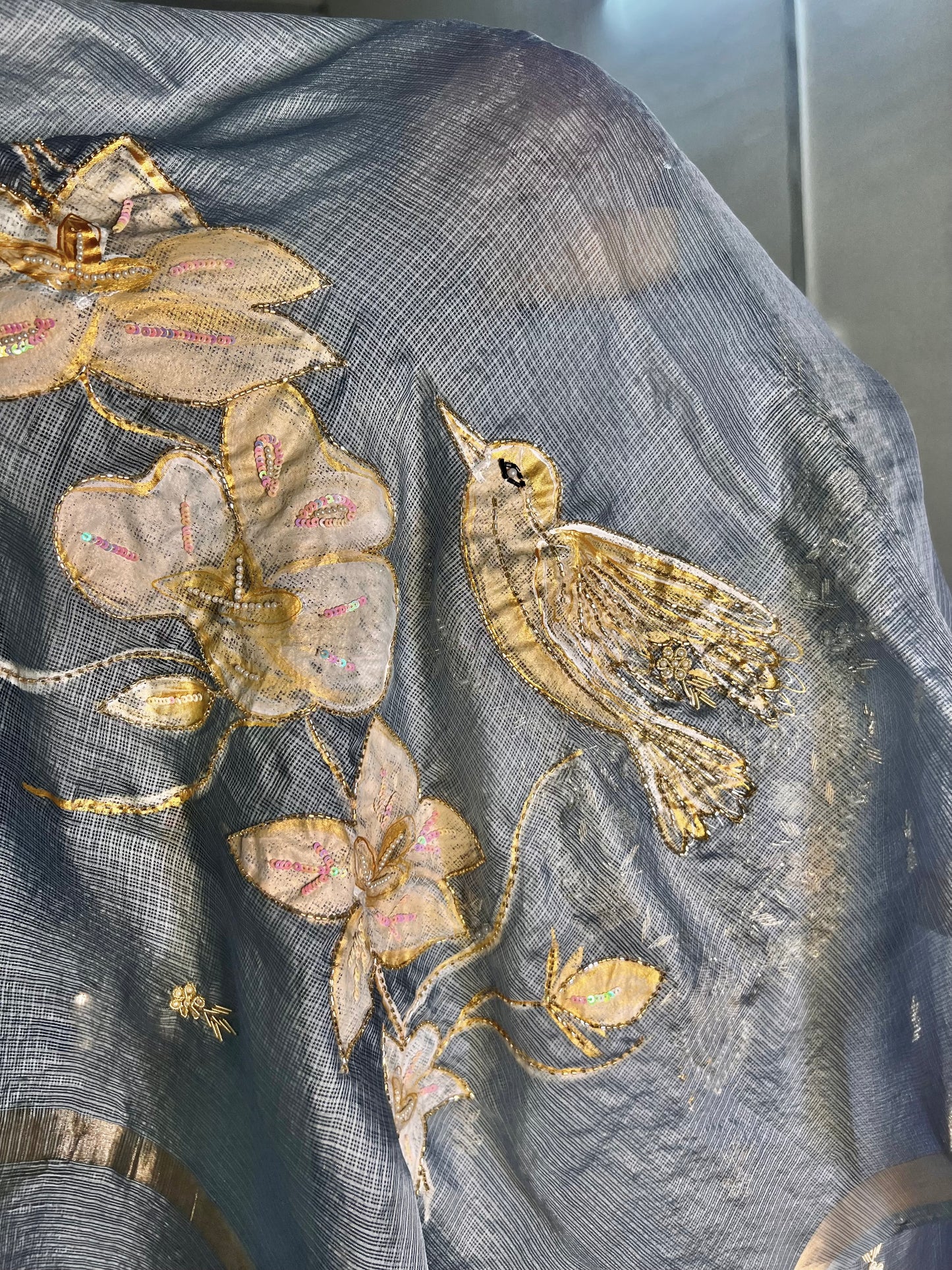 Jewel Grey Hand embroidered Kota Silk Suit With Hand-painted Dupatta