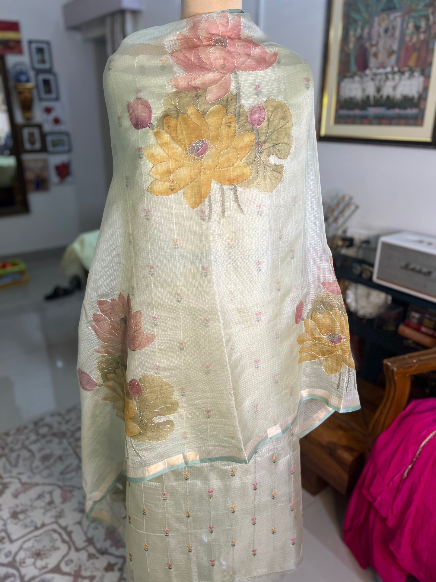 Pista Green embroidered Kota Silk Suit With Hand-painted Dupatta