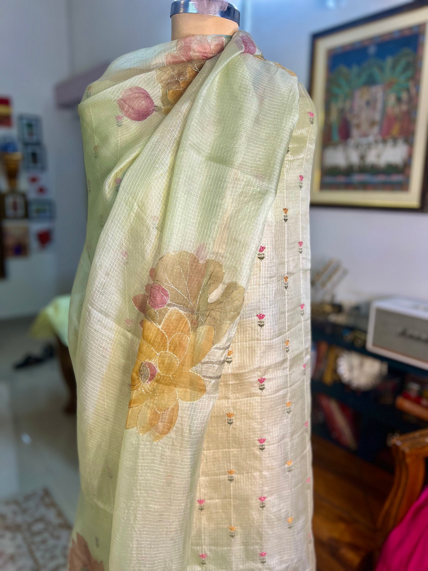 Pista Green embroidered Kota Silk Suit With Hand-painted Dupatta
