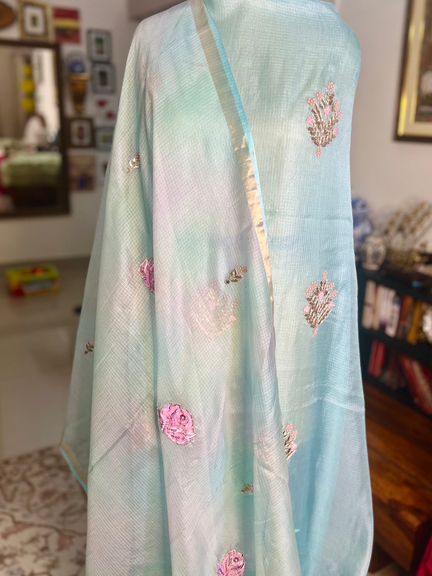 Turquoise Blue Hand embroidered Kota Silk Suit With Hand-painted Dupatta