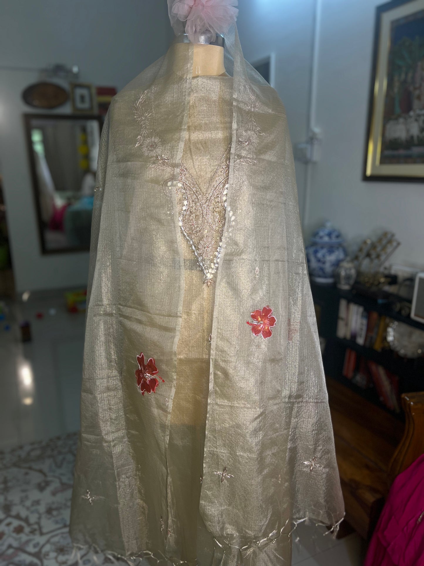 Z Champagne Hand Embroidered Tissue Doria Kurta With Hand-painted Dupatta