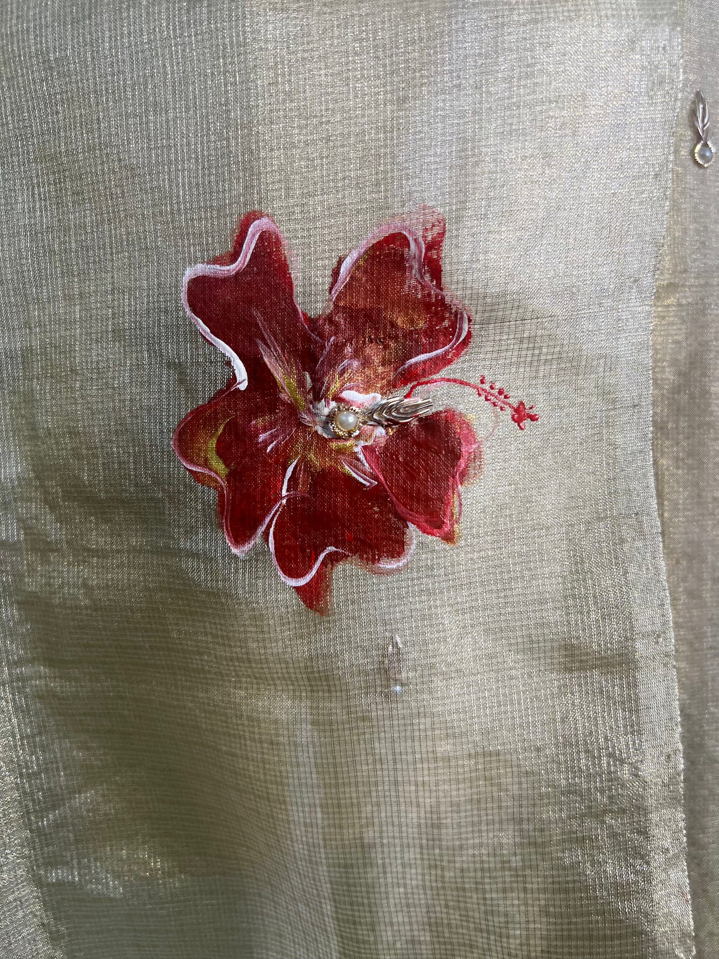 Z Champagne Hand Embroidered Tissue Doria Kurta With Hand-painted Dupatta