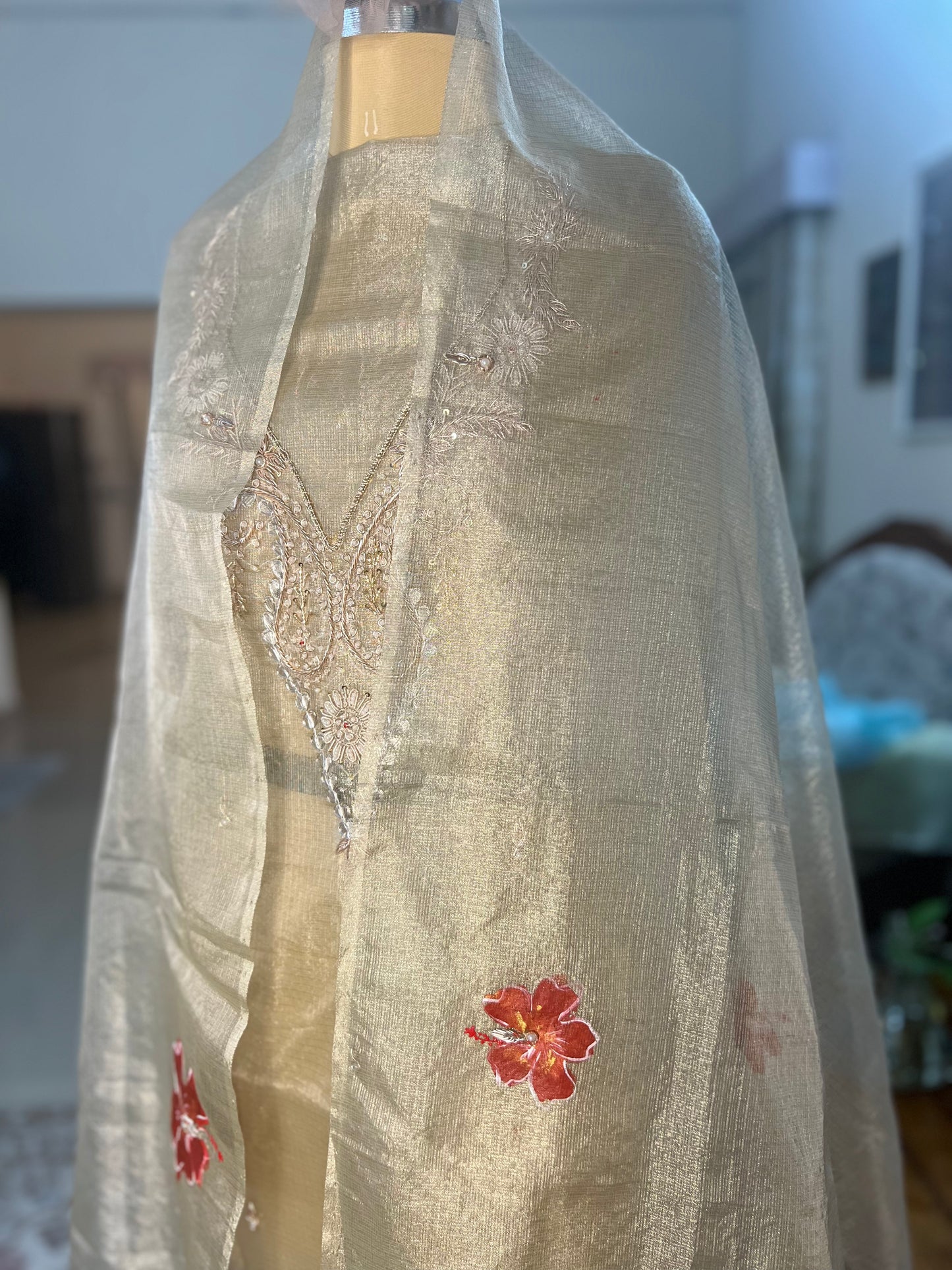Z Champagne Hand Embroidered Tissue Doria Kurta With Hand-painted Dupatta