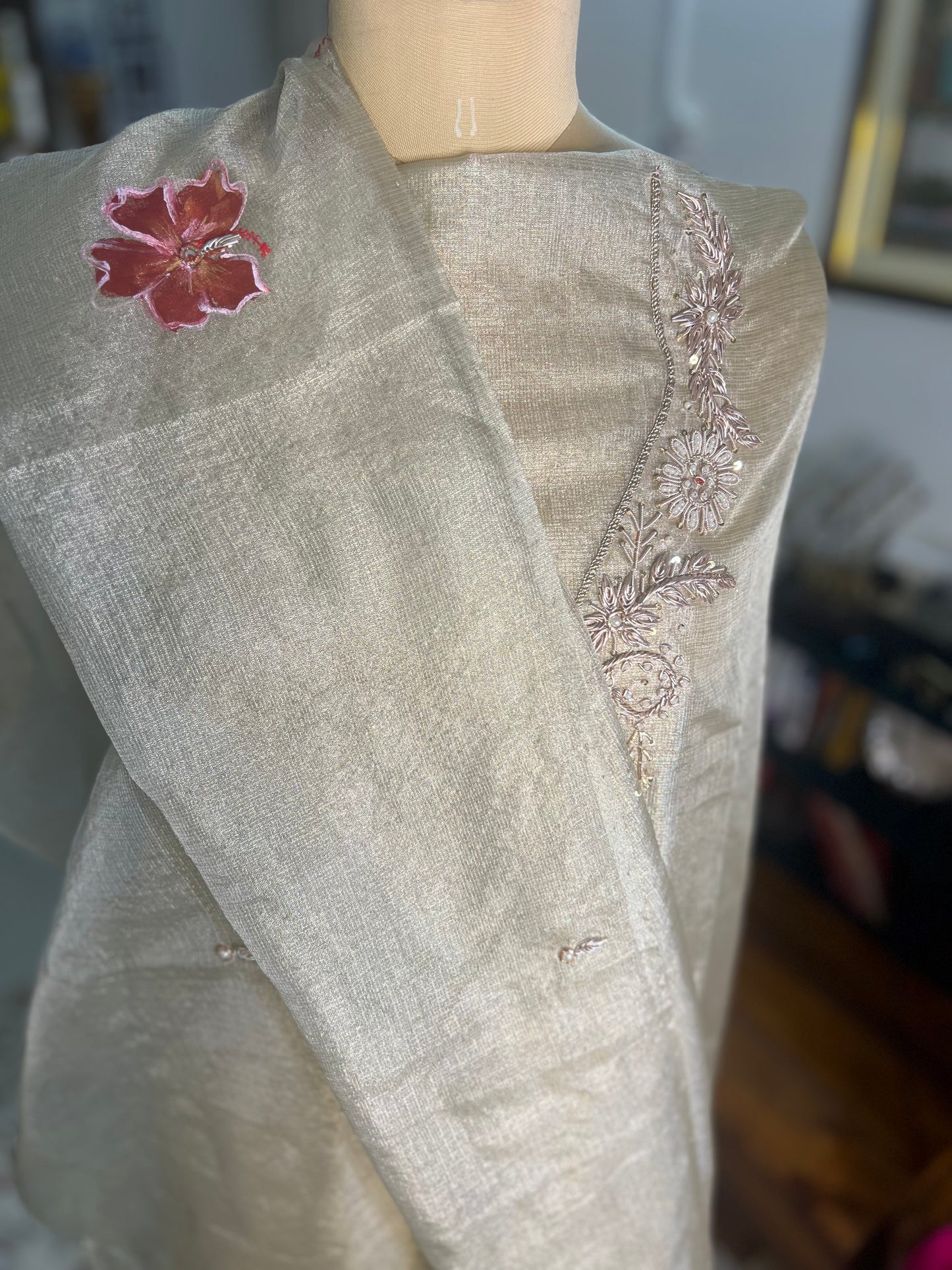 Z Champagne Hand Embroidered Tissue Doria Kurta With Hand-painted Dupatta