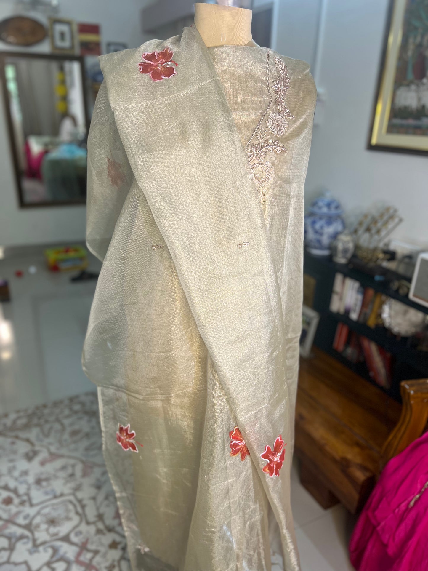 Z Champagne Hand Embroidered Tissue Doria Kurta With Hand-painted Dupatta