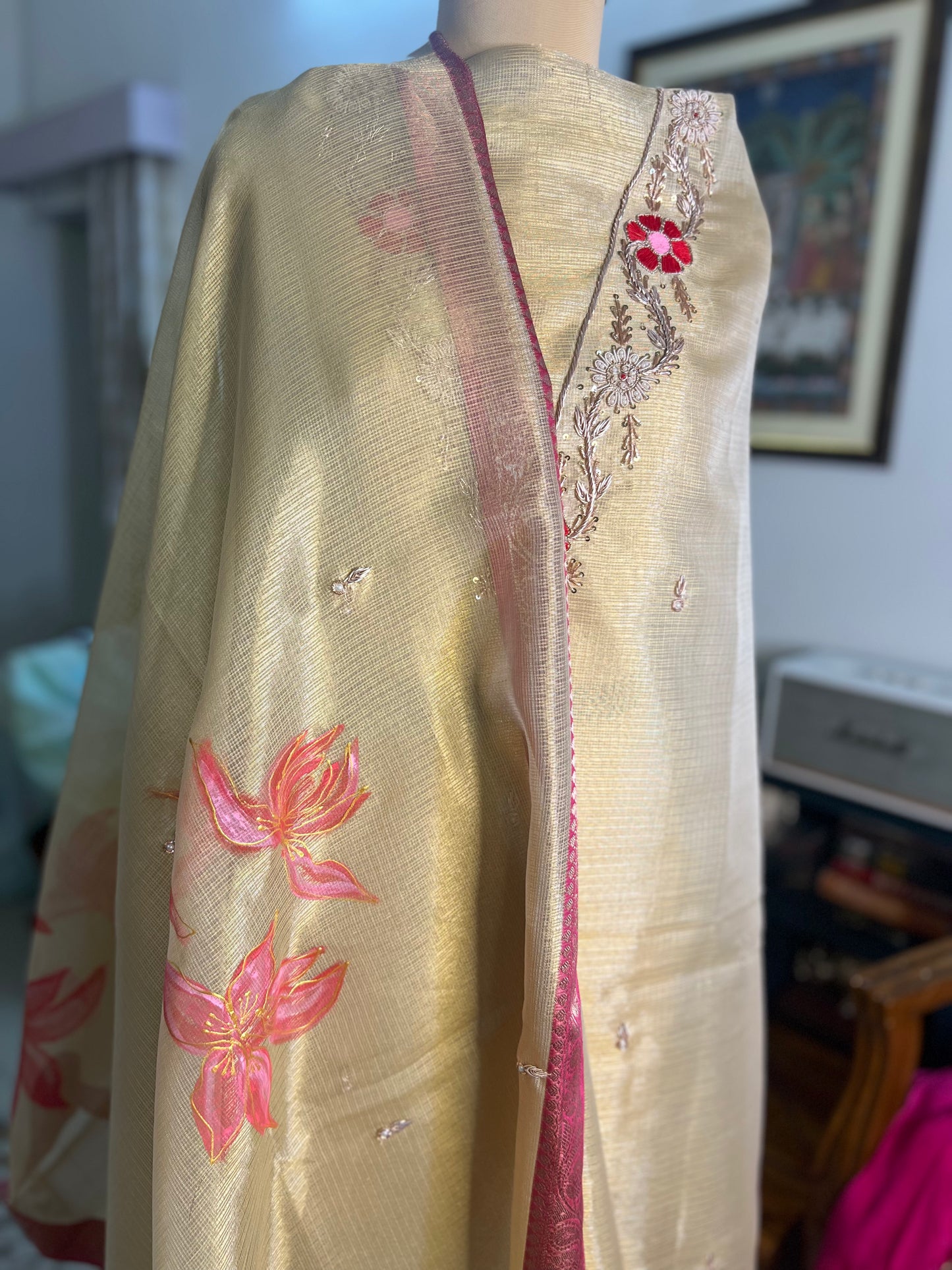 Gold Hand Embroidered Tissue Doria Kurta With Hand-painted Dupatta