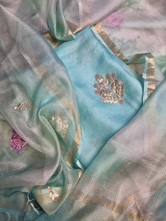 Turquoise Blue Hand embroidered Kota Silk Suit With Hand-painted Dupatta