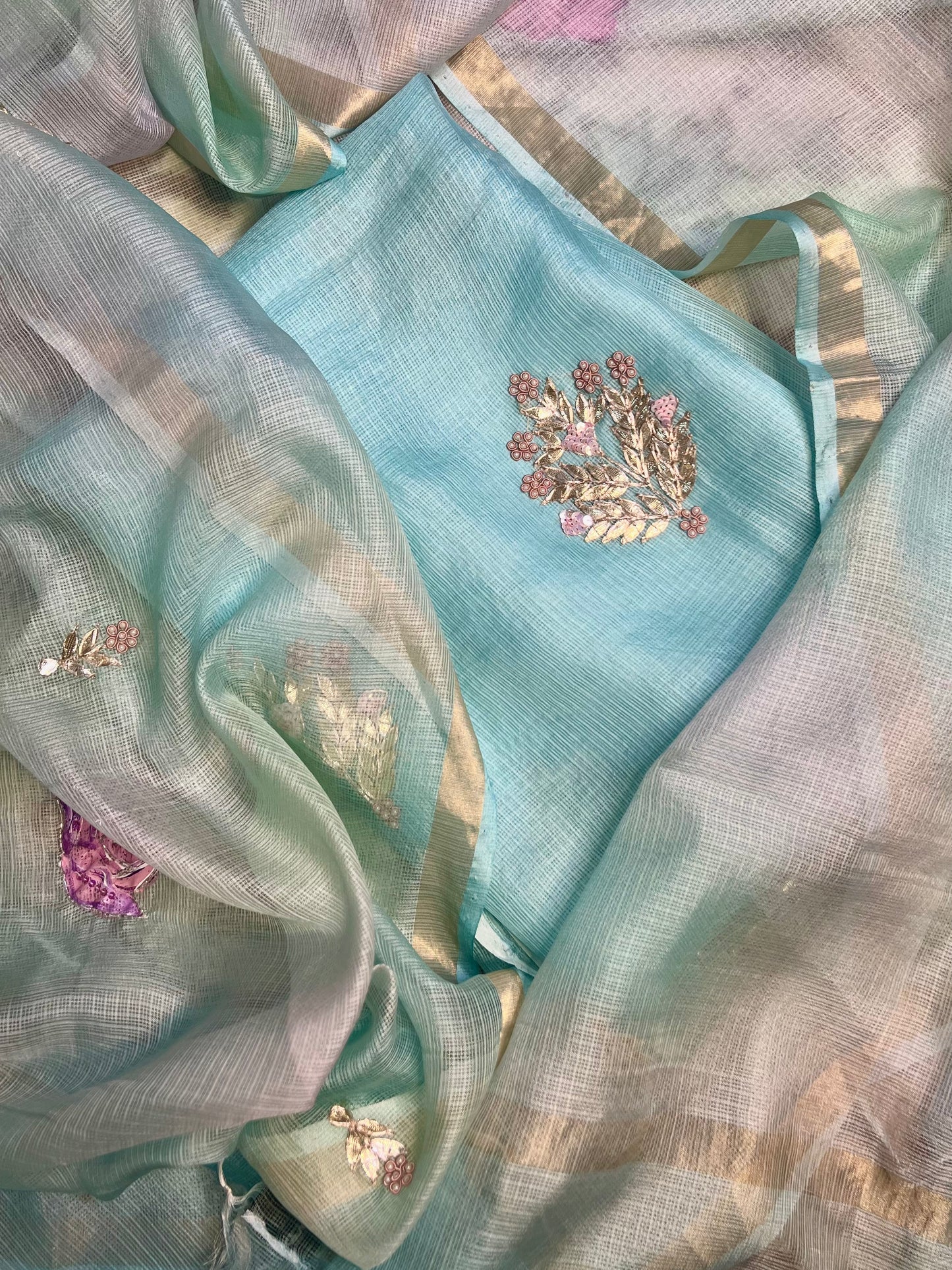 Turquoise Blue Hand embroidered Kota Silk Suit With Hand-painted Dupatta