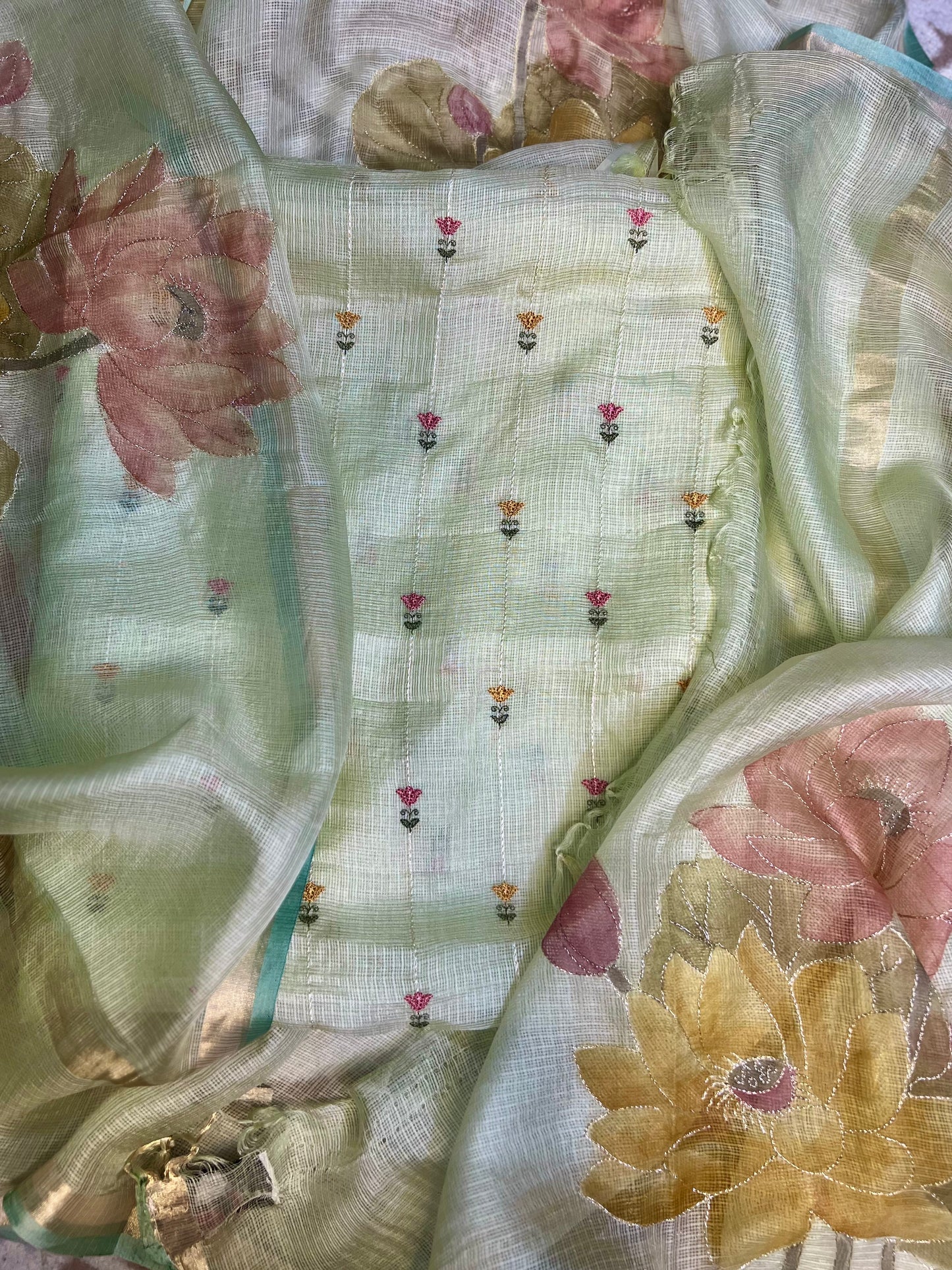 Pista Green embroidered Kota Silk Suit With Hand-painted Dupatta