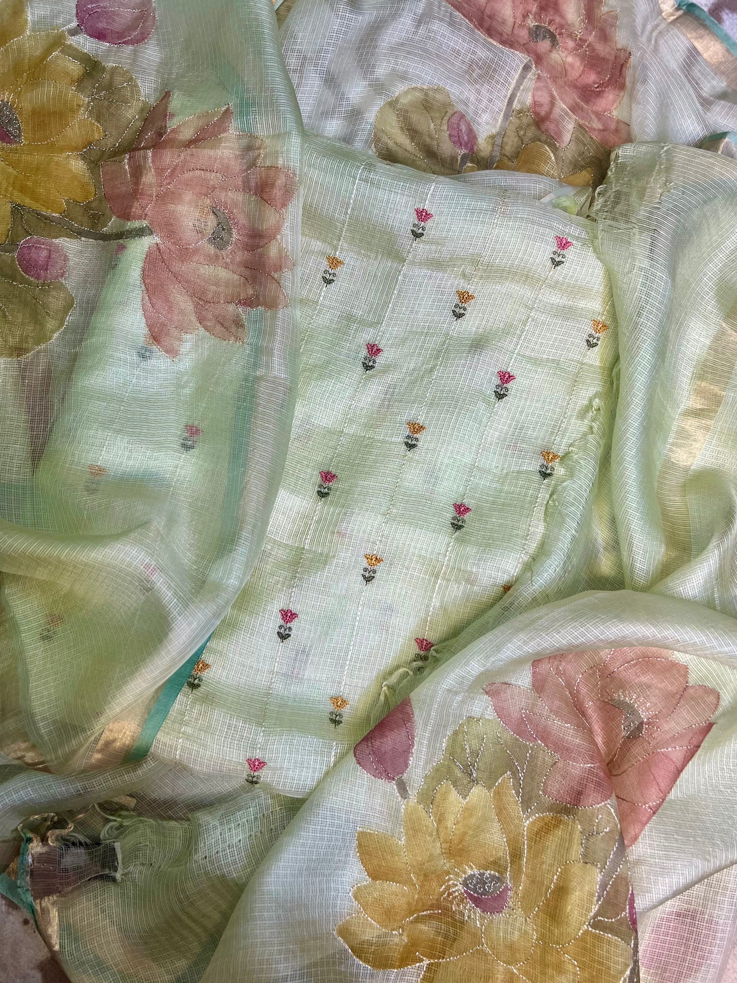 Pista Green embroidered Kota Silk Suit With Hand-painted Dupatta