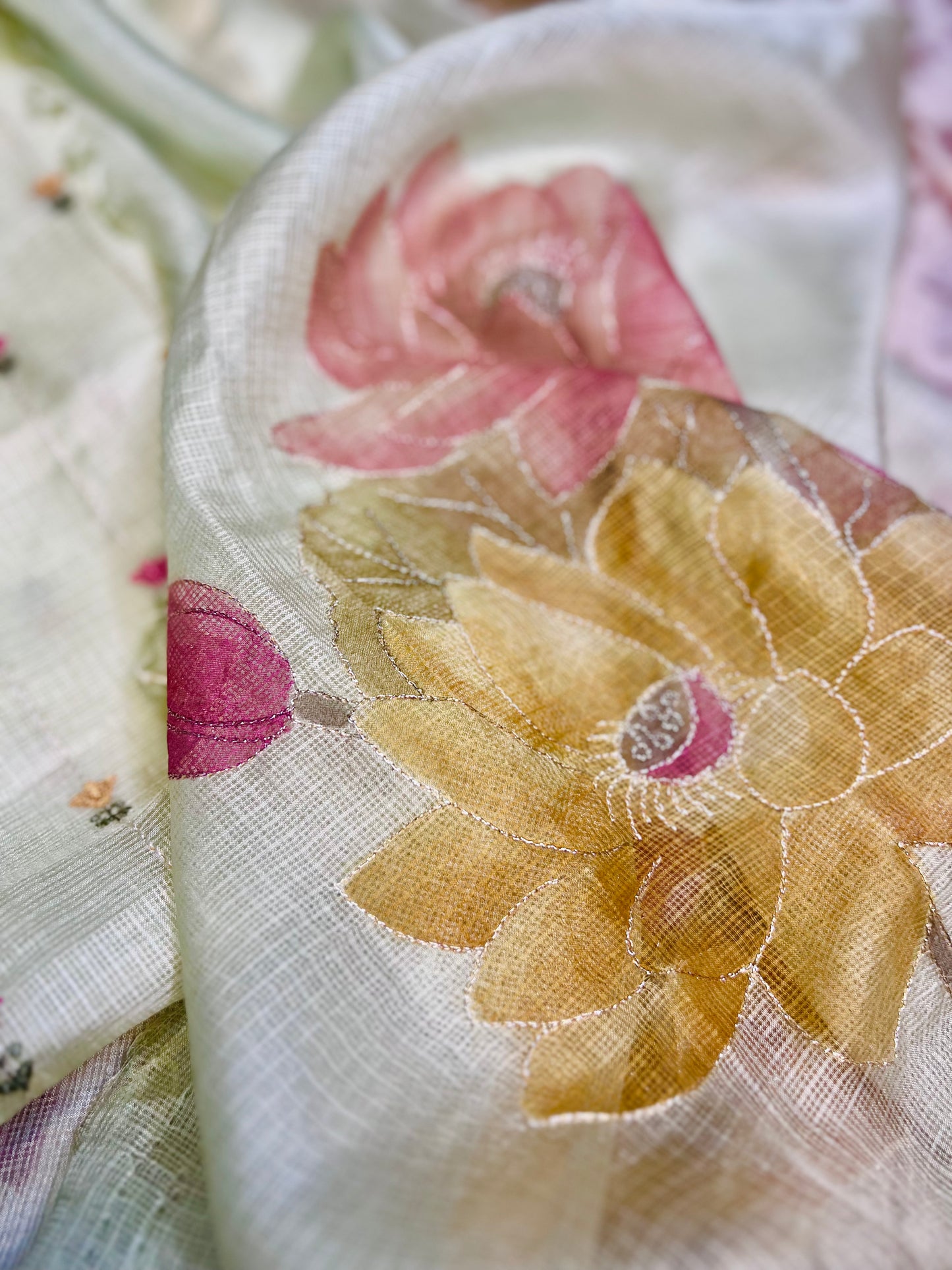 Pista Green embroidered Kota Silk Suit With Hand-painted Dupatta