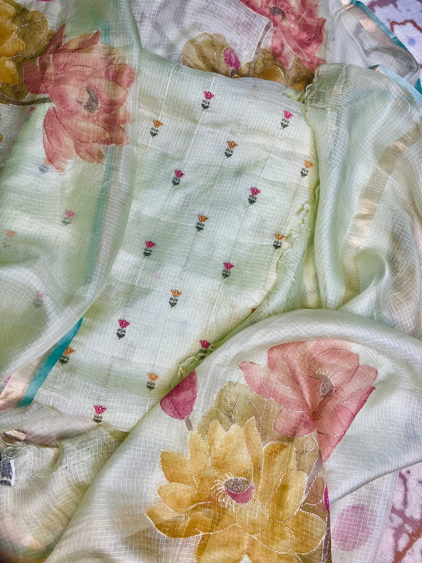 Pista Green embroidered Kota Silk Suit With Hand-painted Dupatta