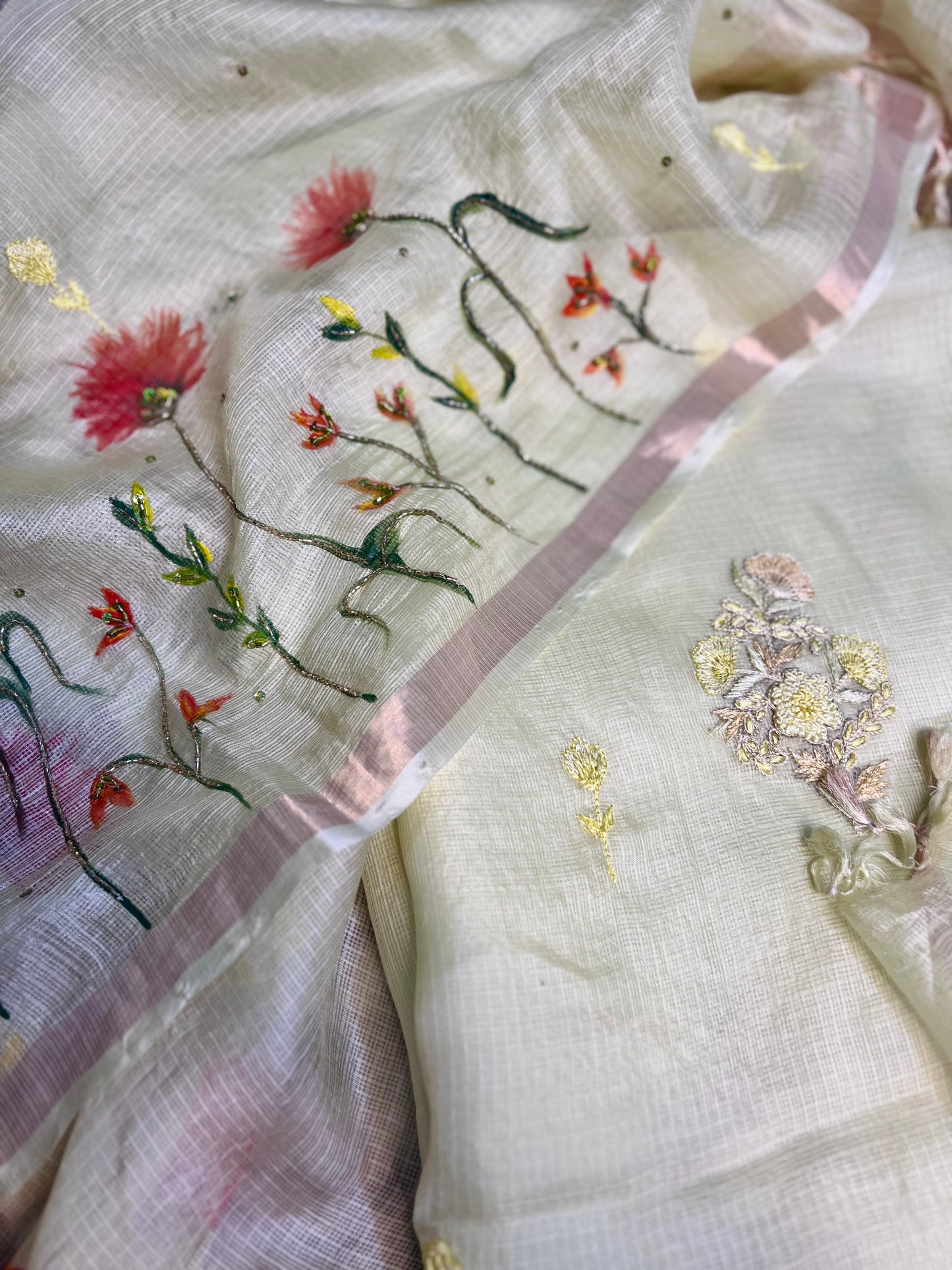 Lemon Yellow Resham Embroidered Kota Silk Suit With Hand-painted Dupatta