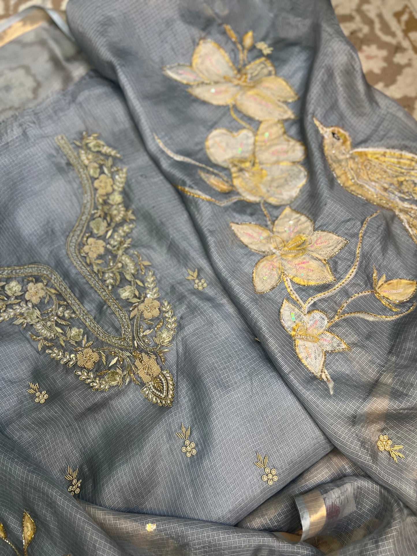 Jewel Grey Hand embroidered Kota Silk Suit With Hand-painted Dupatta