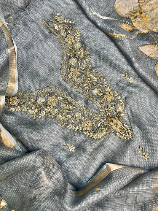 Jewel Grey Hand embroidered Kota Silk Suit With Hand-painted Dupatta