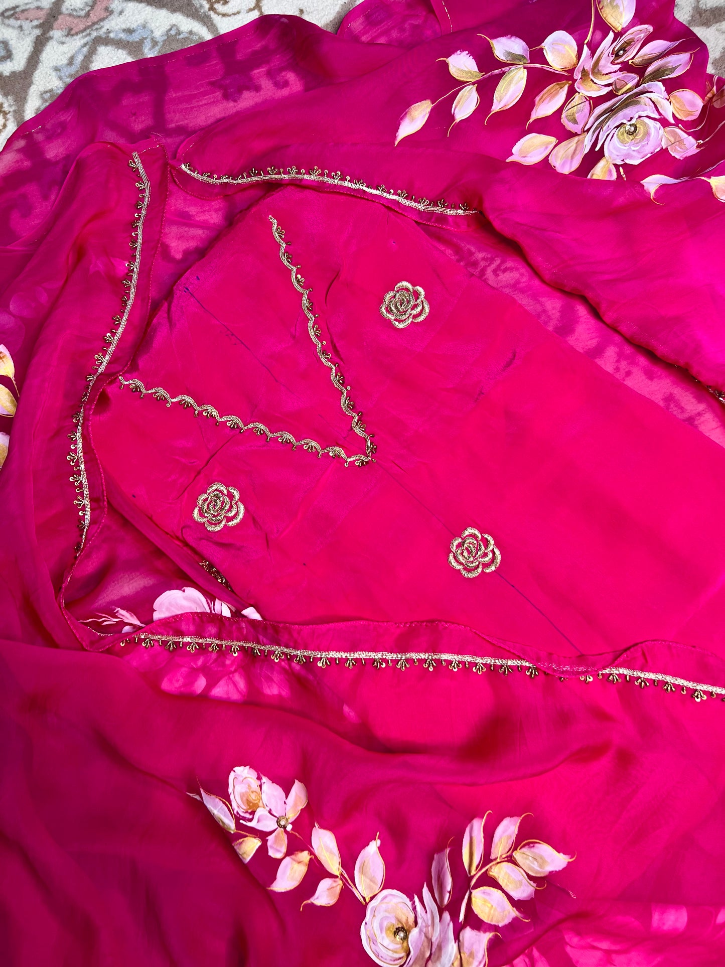 Pink Hand Embroidered Crepe Silk Suit With Hand-painted Dupatta