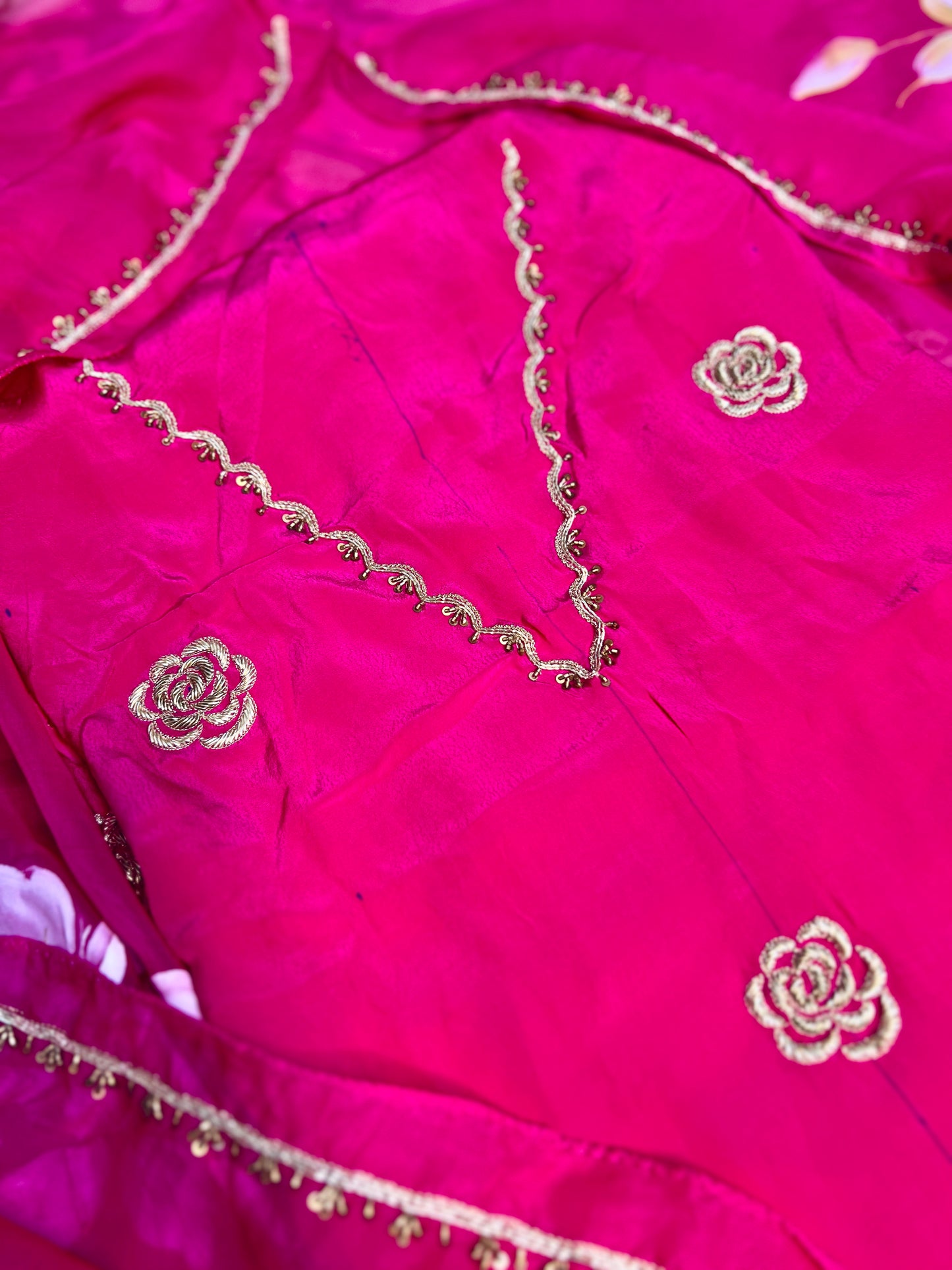 Pink Hand Embroidered Crepe Silk Suit With Hand-painted Dupatta