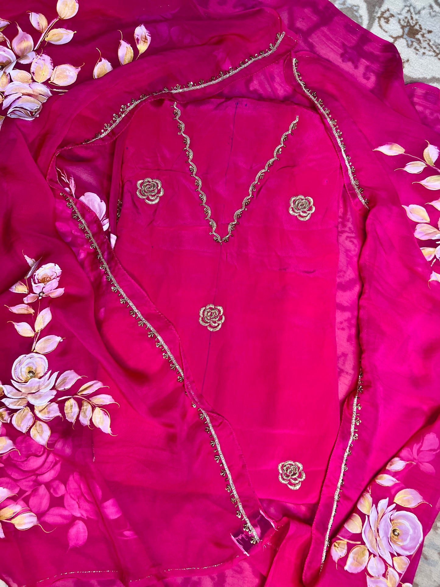 Pink Hand Embroidered Crepe Silk Suit With Hand-painted Dupatta