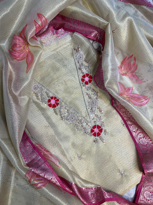 Gold Hand Embroidered Tissue Doria Kurta With Hand-painted Dupatta