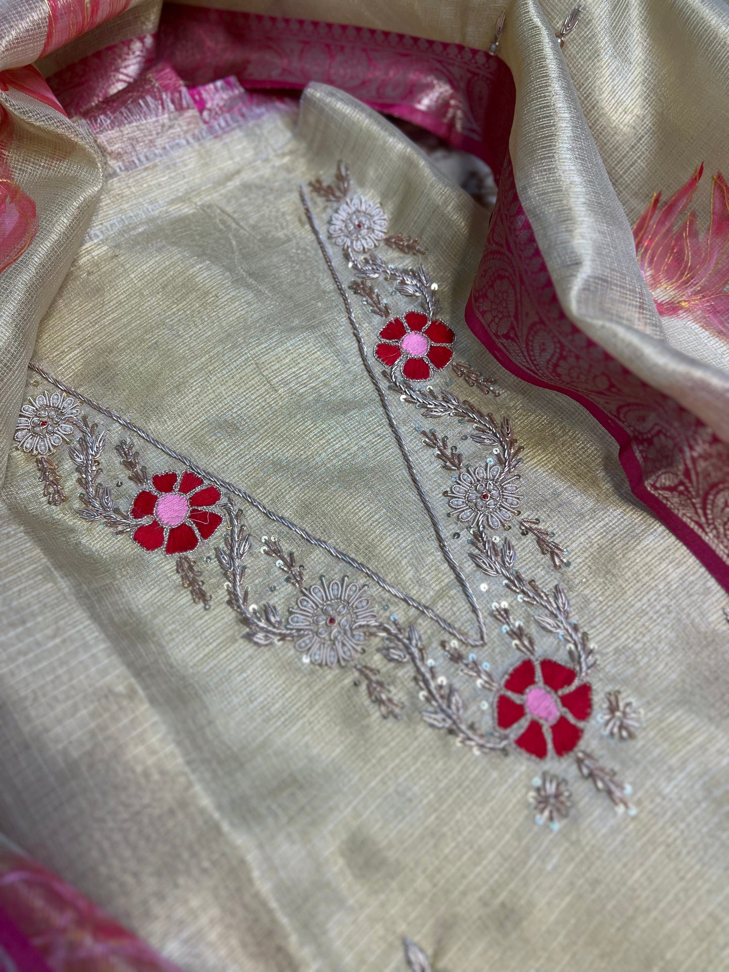 Gold Hand Embroidered Tissue Doria Kurta With Hand-painted Dupatta