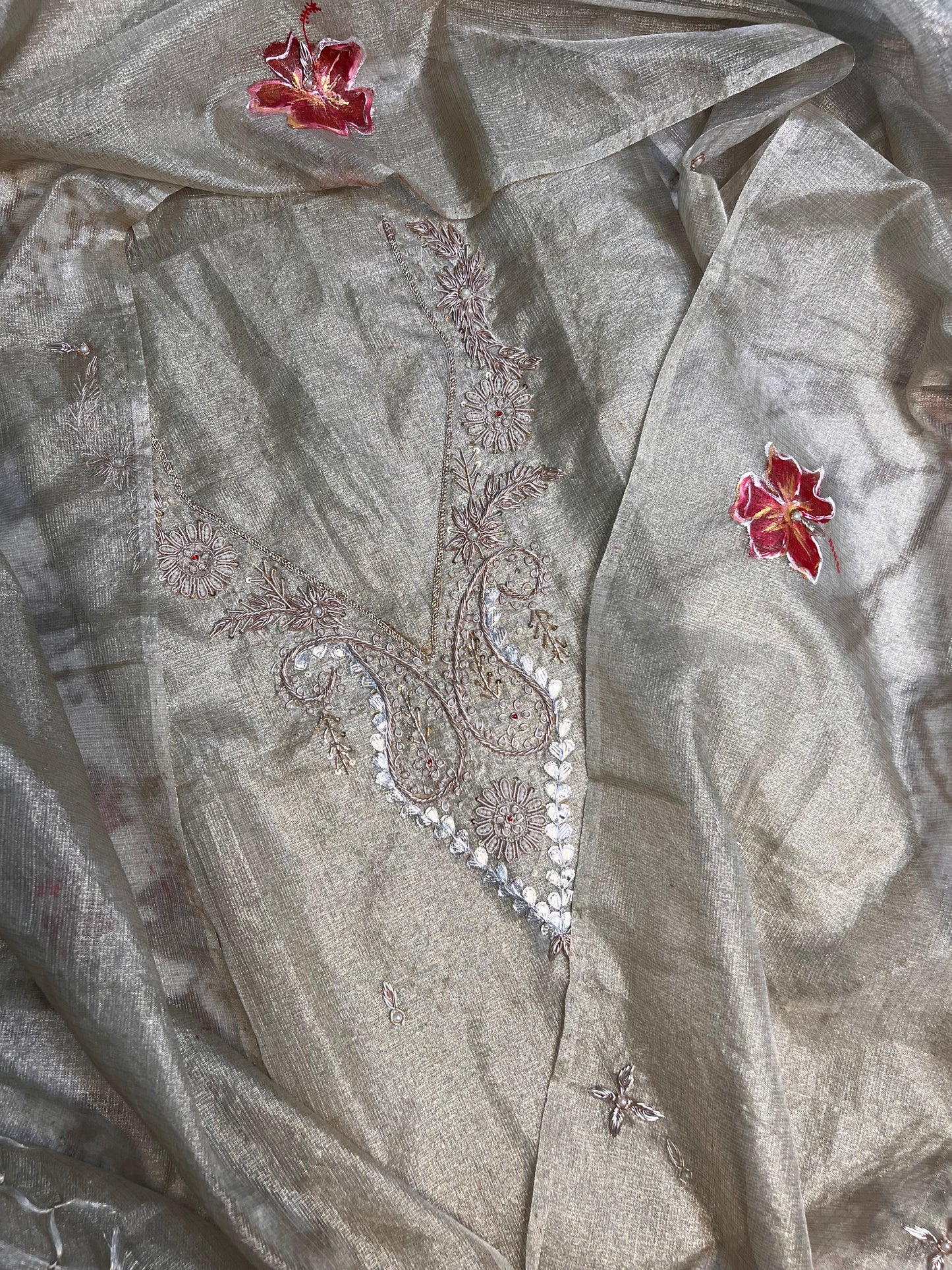 Z Champagne Hand Embroidered Tissue Doria Kurta With Hand-painted Dupatta