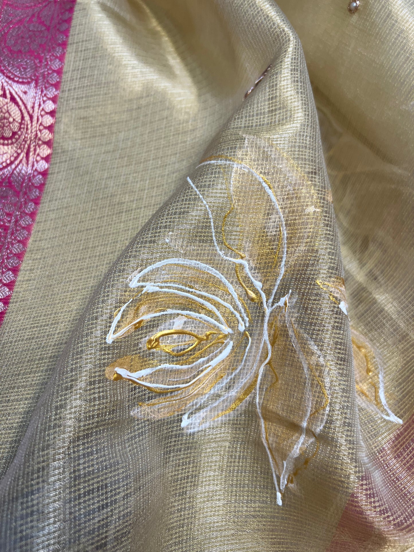 Gold Hand Embroidered Tissue Doria Kurta With Hand-painted Dupatta
