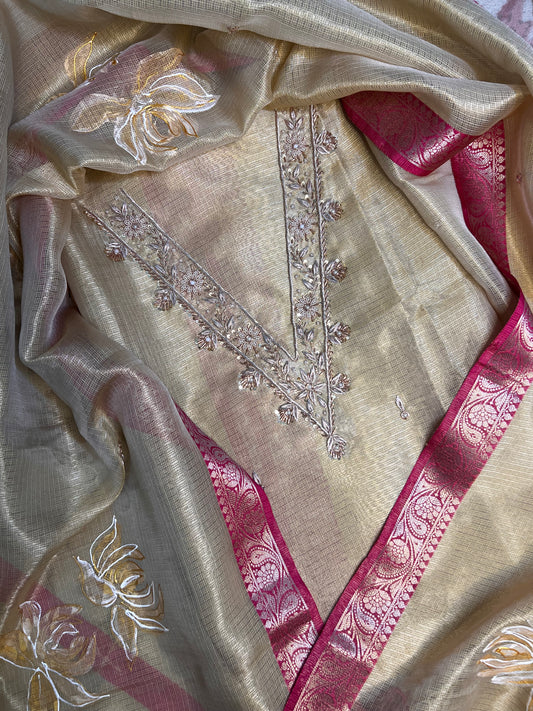 Gold Hand Embroidered Tissue Doria Kurta With Hand-painted Dupatta