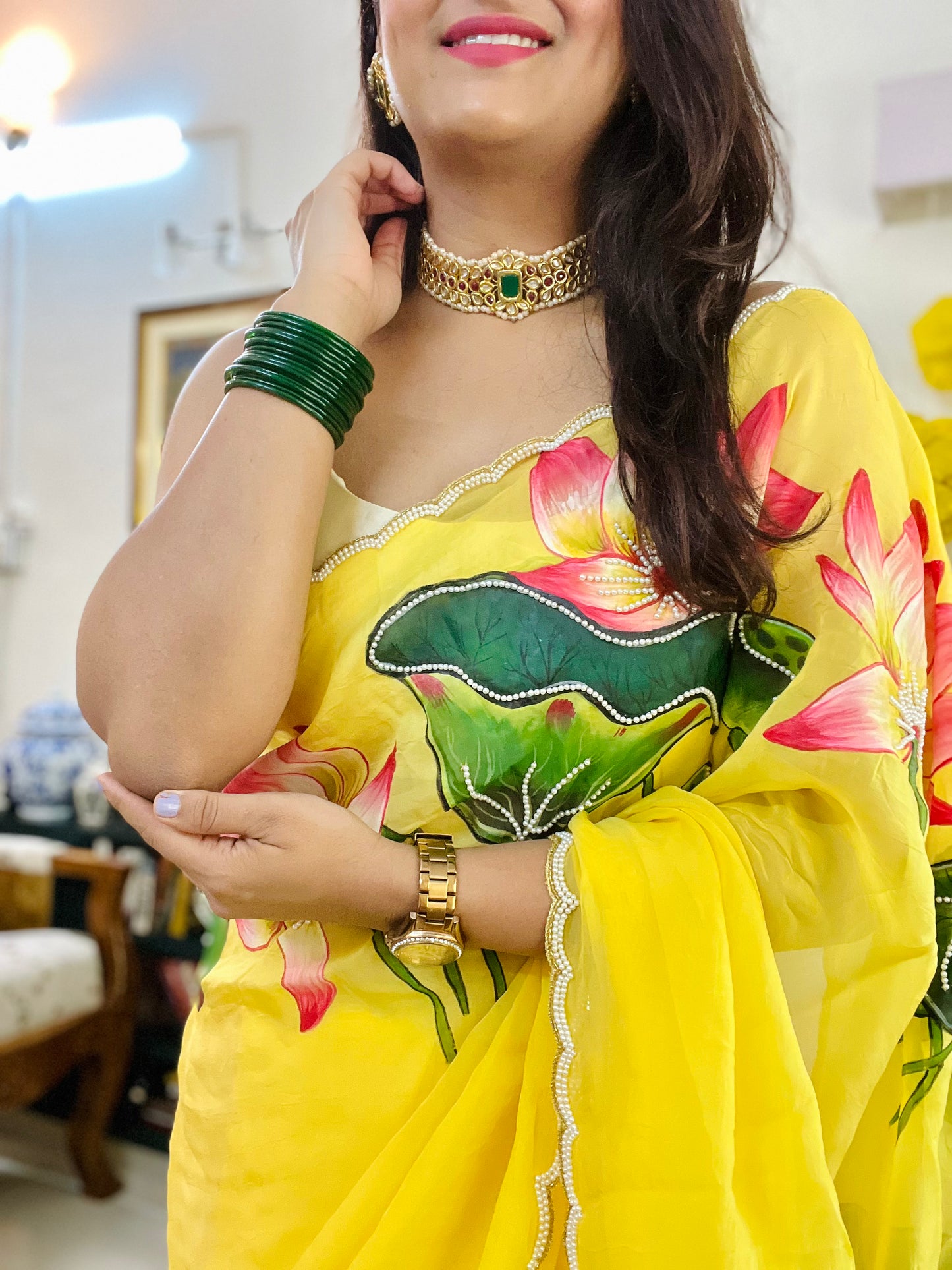 Hand-Painted Pichwai Lotus & Swan Saree With Scalloped Border, Cut Dana & Pearl