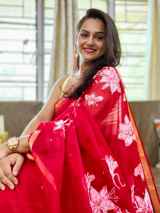 Hand-Painted Red Tiger Lily Saree With Cut Dana, Pearl & Sitara