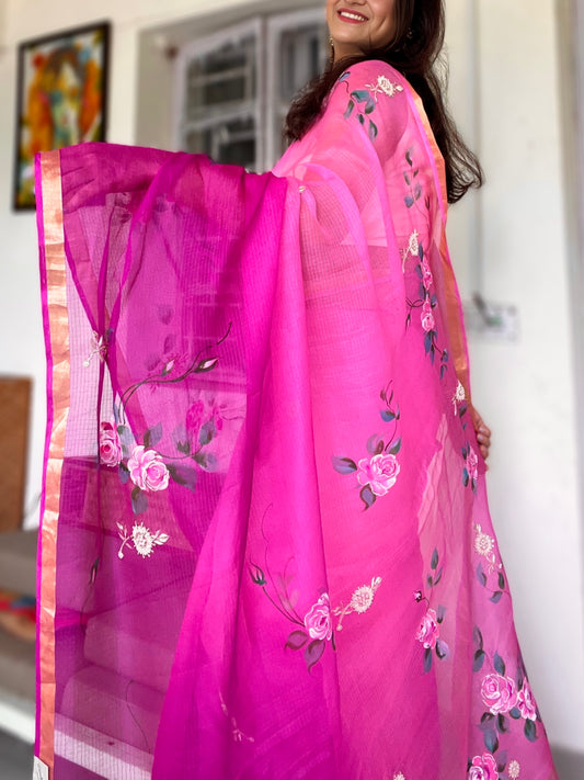 Roses Handpainted Double Tone Kota Silk Saree With Hand Embroidery