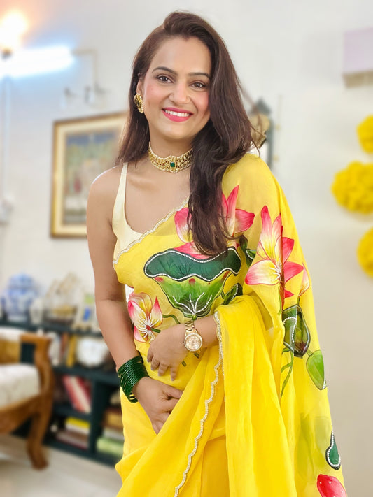 Hand-Painted Pichwai Lotus & Swan Saree With Scalloped Border, Cut Dana & Pearl