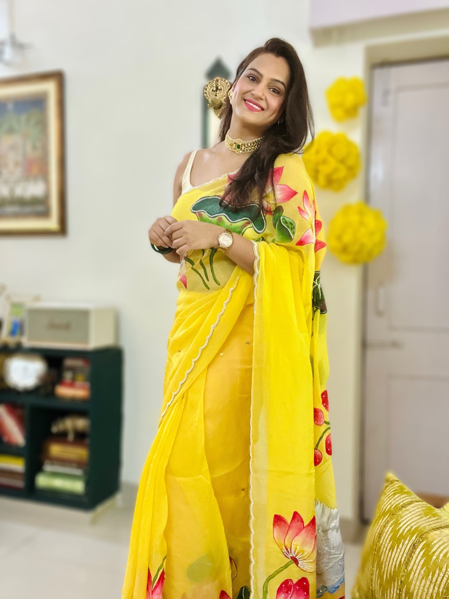 Hand-Painted Pichwai Lotus & Swan Saree With Scalloped Border, Cut Dana & Pearl