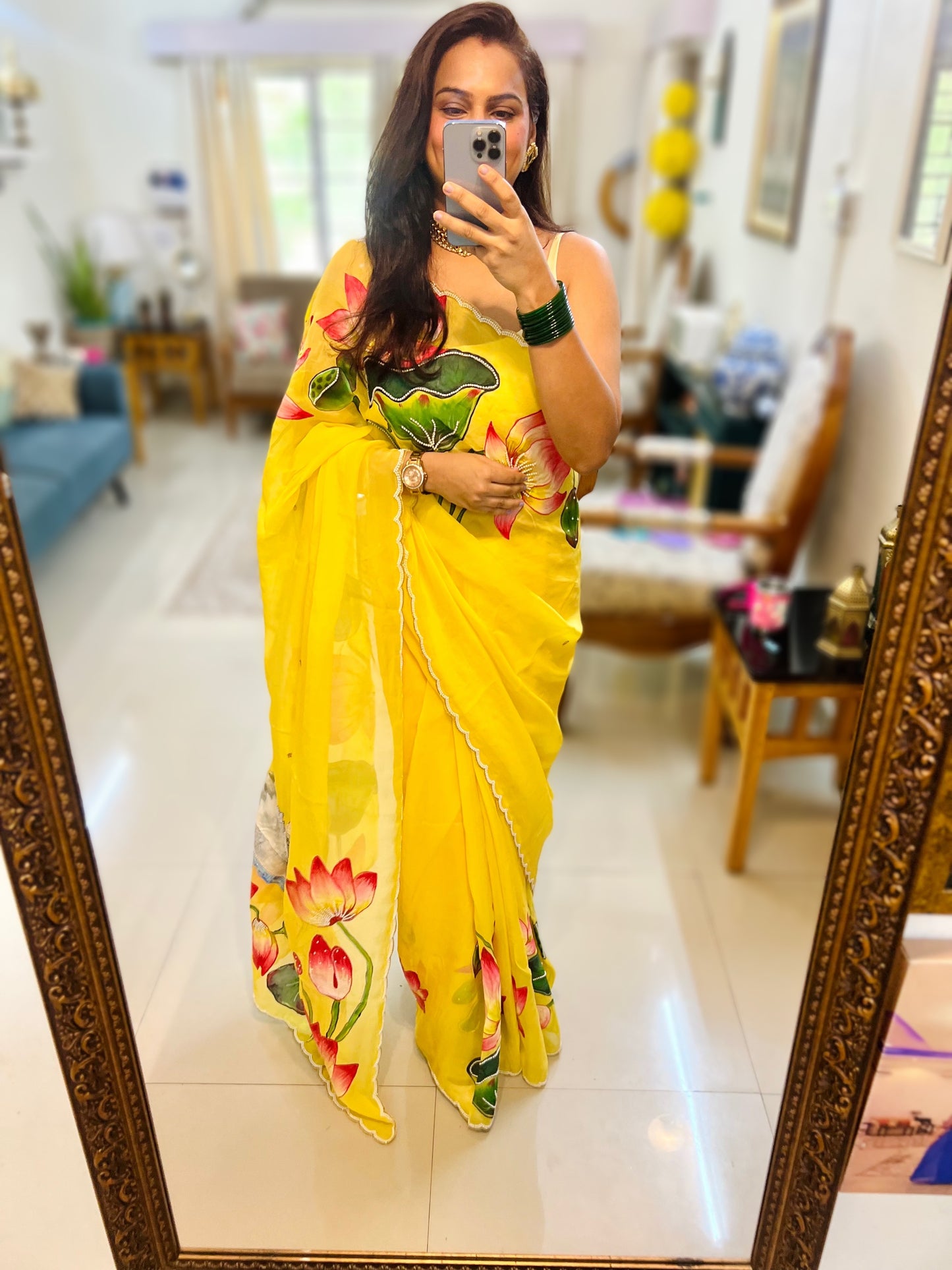 Hand-Painted Pichwai Lotus & Swan Saree With Scalloped Border, Cut Dana & Pearl
