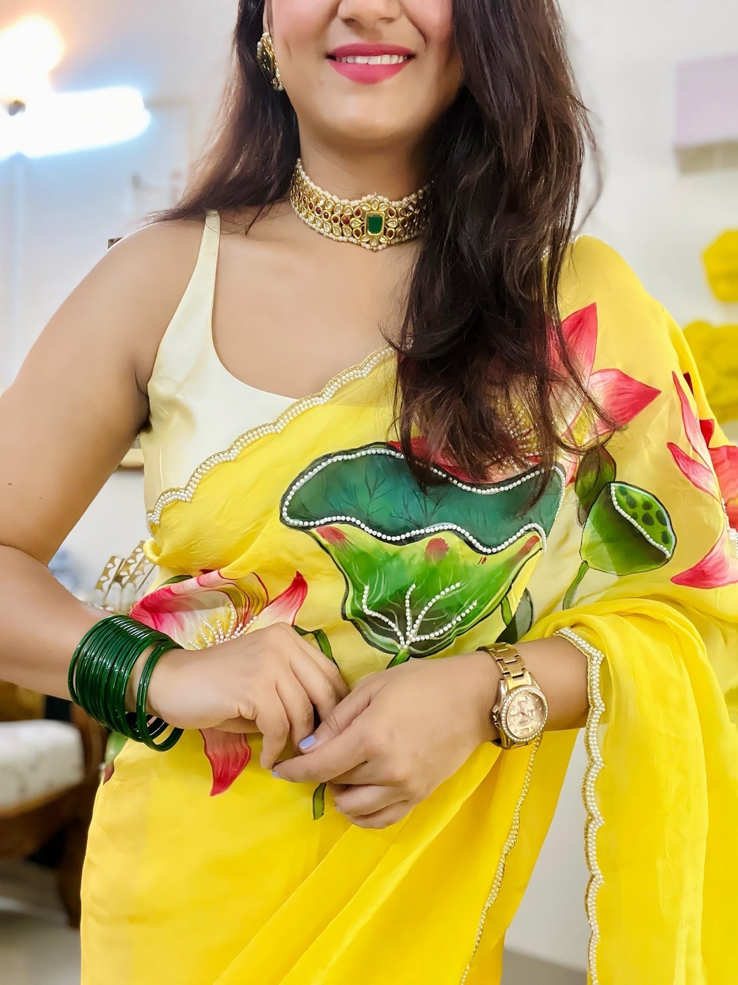 Hand-Painted Pichwai Lotus & Swan Saree With Scalloped Border, Cut Dana & Pearl