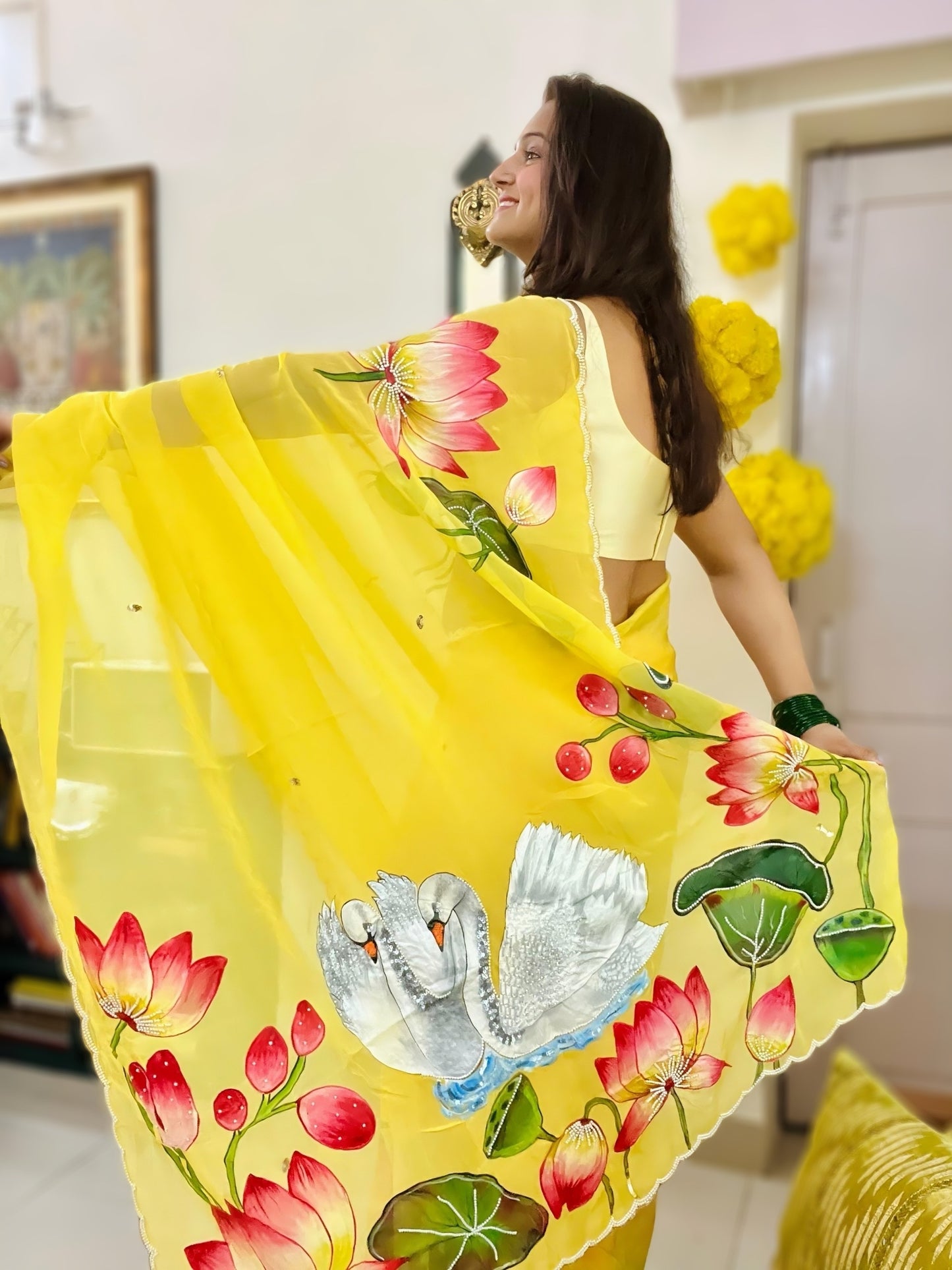 Hand-Painted Pichwai Lotus & Swan Saree With Scalloped Border, Cut Dana & Pearl