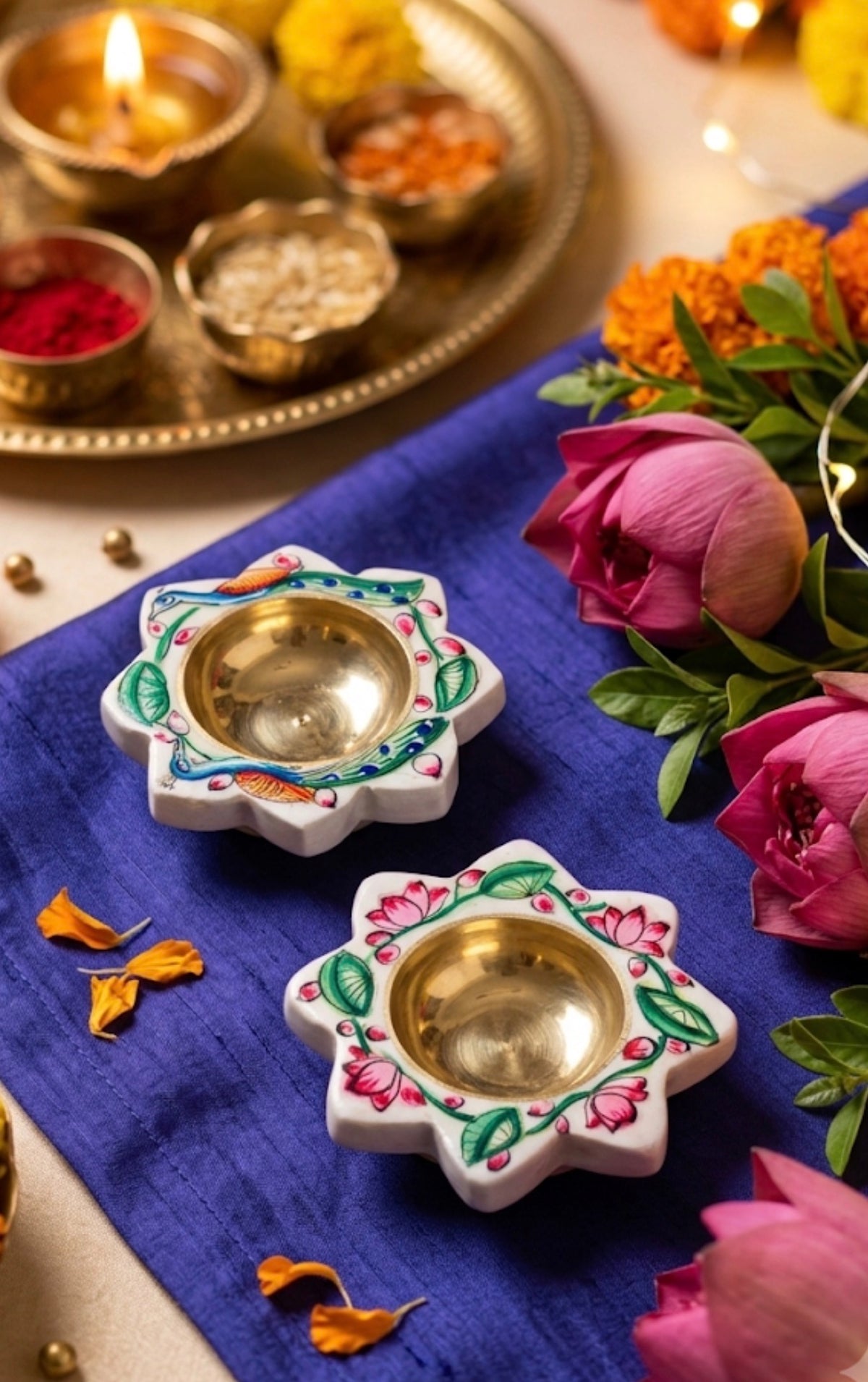 Set of 2 Handpainted Pichwai Art Brass & Marble Diyas
