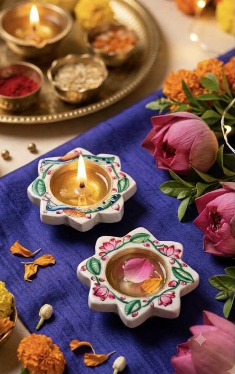 Set of 2 Handpainted Pichwai Art Brass & Marble Diyas