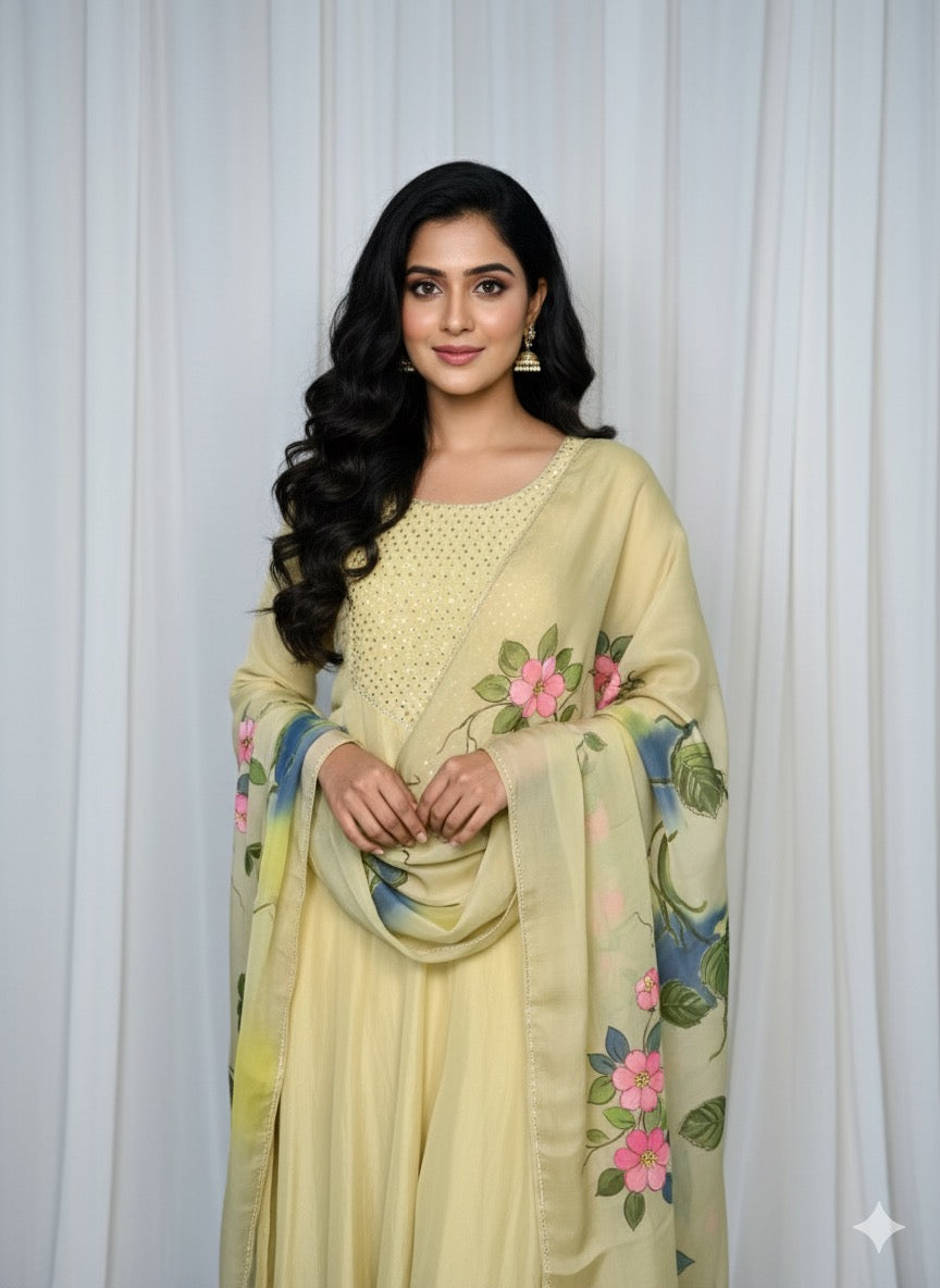 Pista Green Hand Embroidered Organza Suit With Hand-painted Dupatta