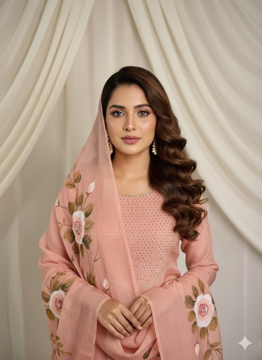 Rose Gold Hand Embroidered Organza Suit With Hand-painted Dupatta