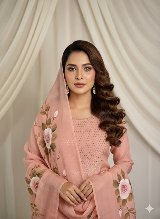Rose Gold Hand Embroidered Organza Suit With Hand-painted Dupatta