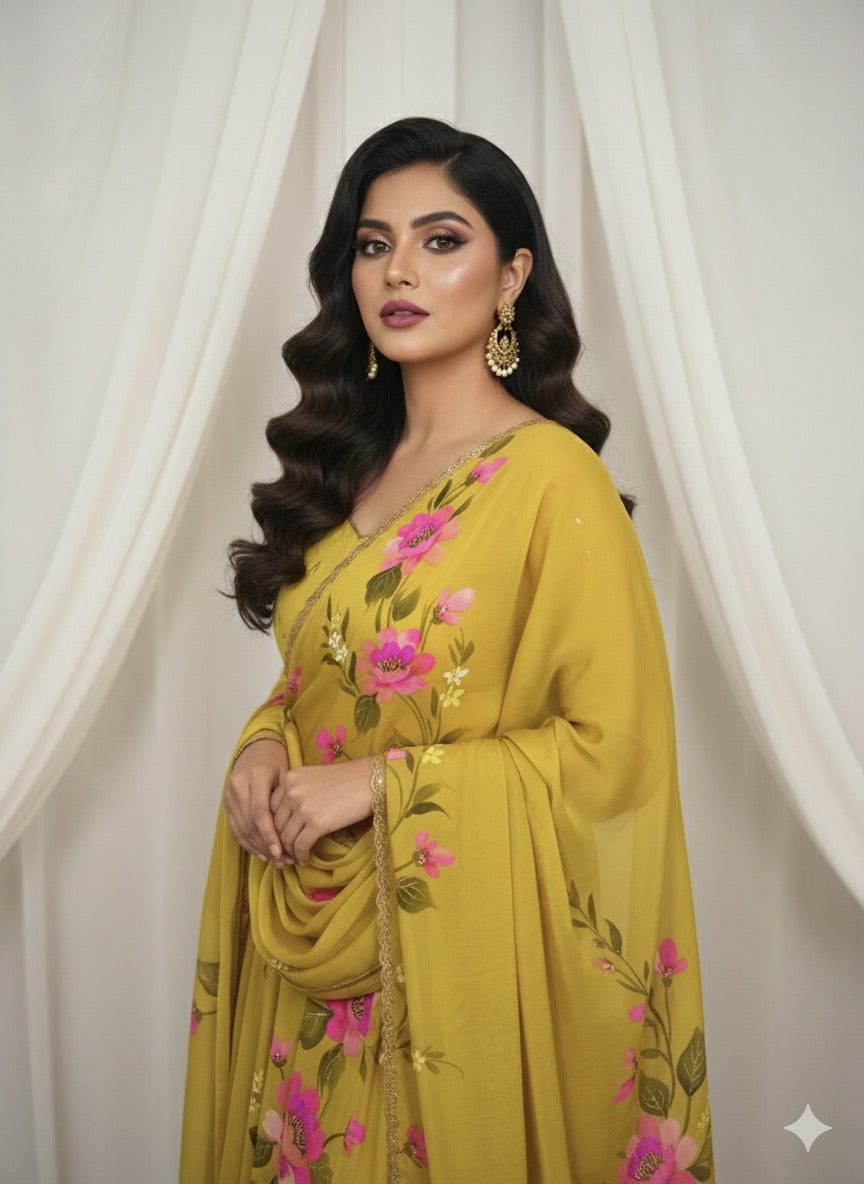 Mehendi Yellow Hand Embroidered Organza Suit With Hand-painted Dupatta
