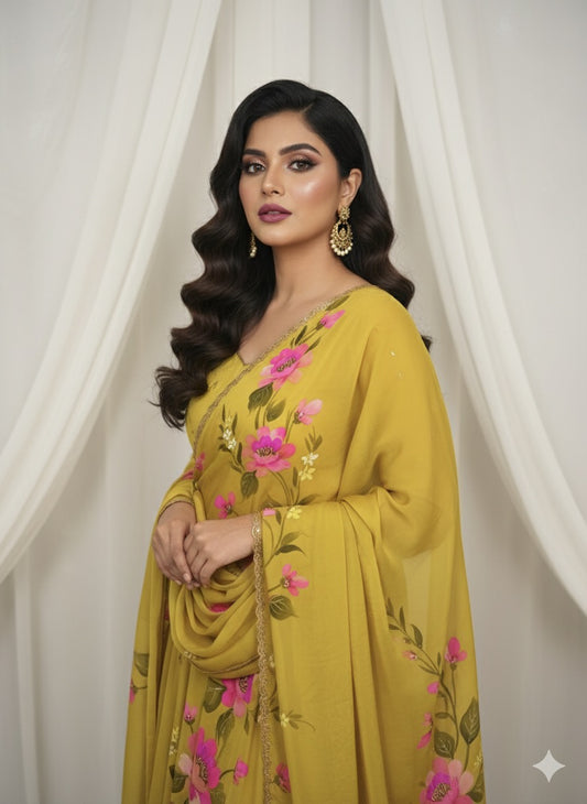 Mehendi Yellow Hand Embroidered Organza Suit With Hand-painted Dupatta