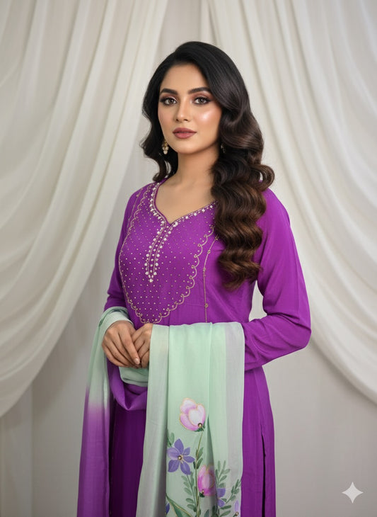 Purple Hand Embroidered Crepe Silk Suit With Hand-painted Dupatta