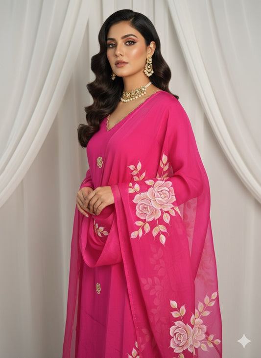 Pink Hand Embroidered Crepe Silk Suit With Hand-painted Dupatta