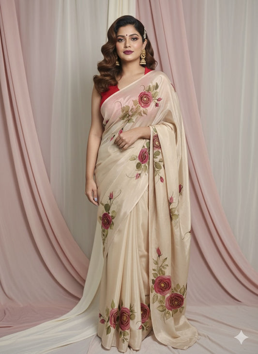 Rosé Fleur Hand-Painted Saree