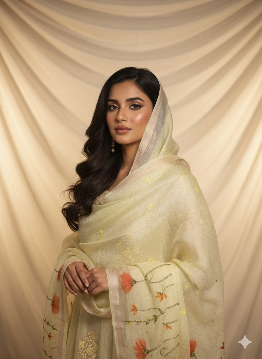 Lemon Yellow Resham Embroidered Kota Silk Suit With Hand-painted Dupatta