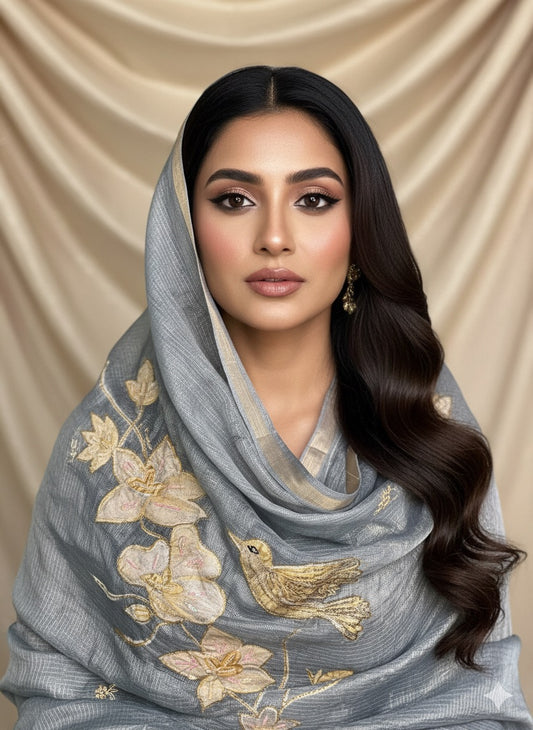 Jewel Grey Hand embroidered Kota Silk Suit With Hand-painted Dupatta
