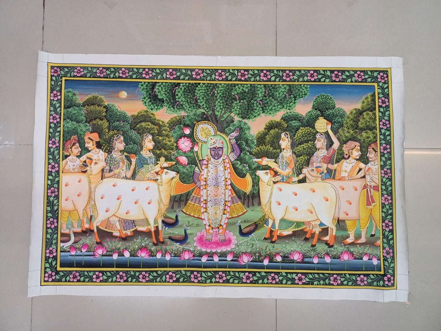 Original Shrinathji With Cows In Forest Painting For Home Wall Decor