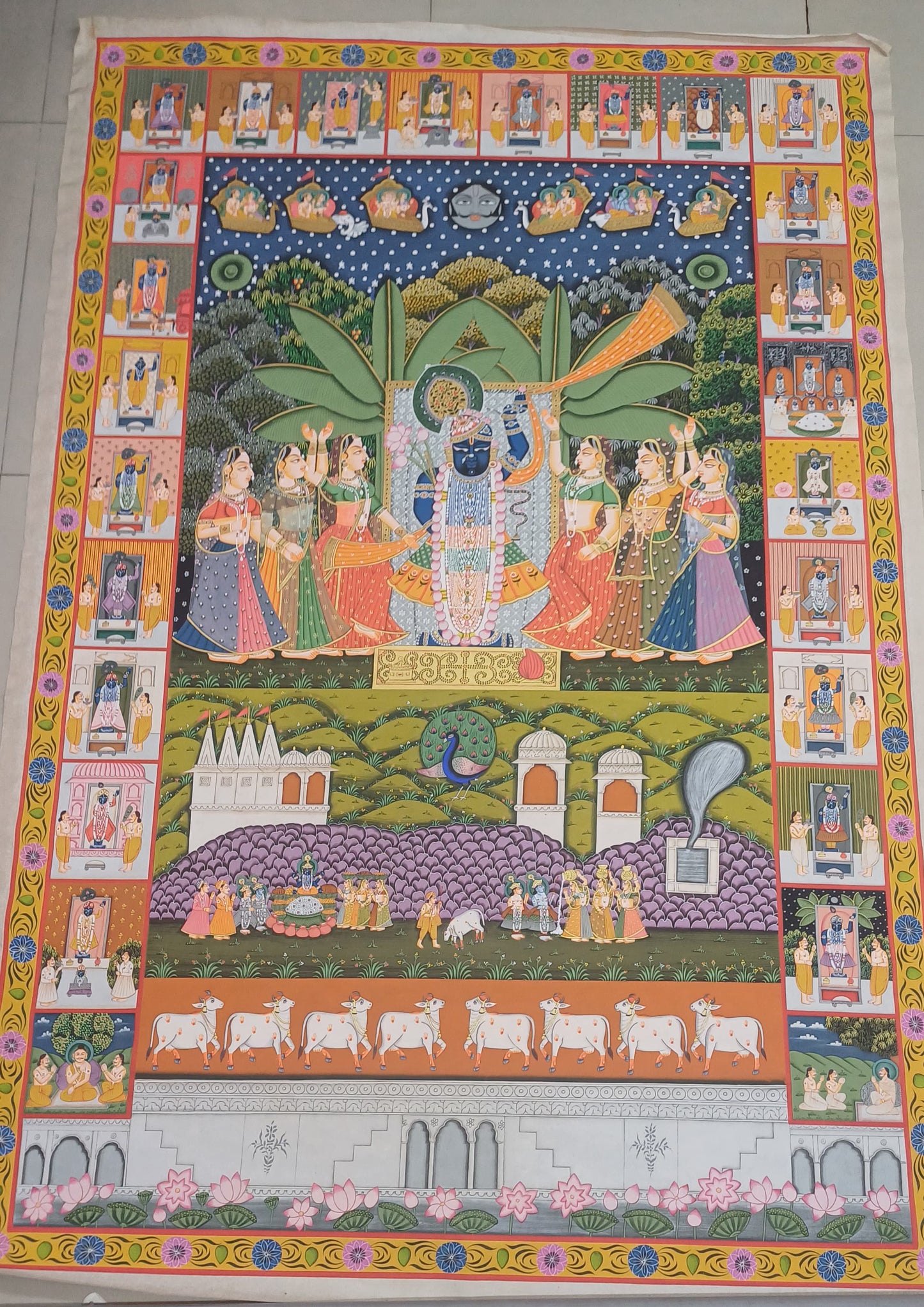 Original Shrinathji Sharad Purnima with 24 Swaroop Handmade Pichwai Painting For Home Wall Decor