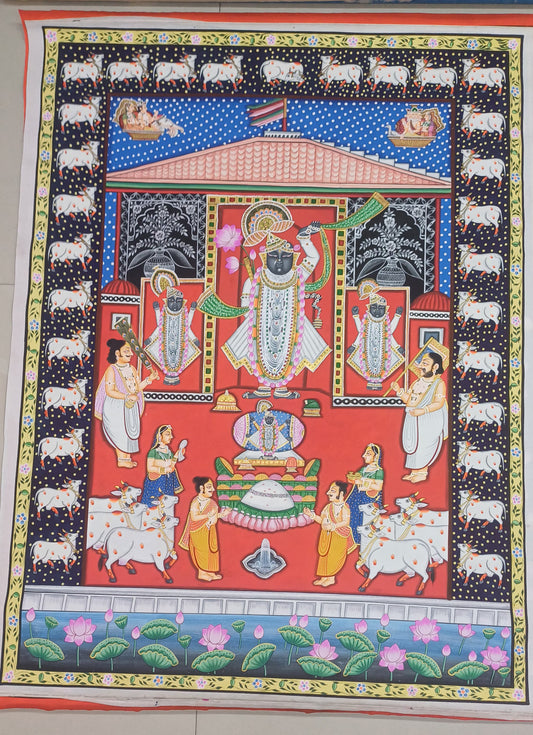 Original Shrinathji Teen Darshan Handmade Pichwai Painting